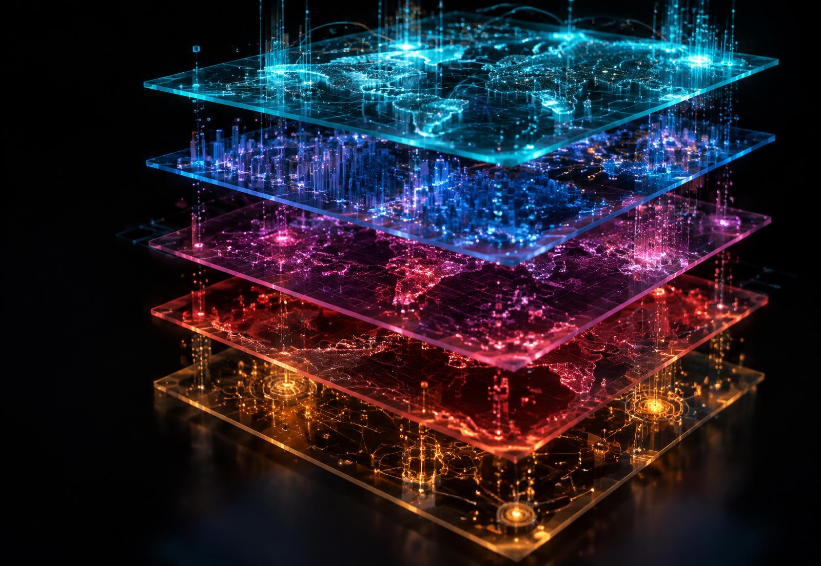 Five colored layers of spatial intelligence carrying live data